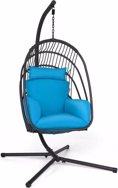 COSTWAY Blue Folding Egg Hanging Swing Chair with Metal Stand for Garden and Lounge Use