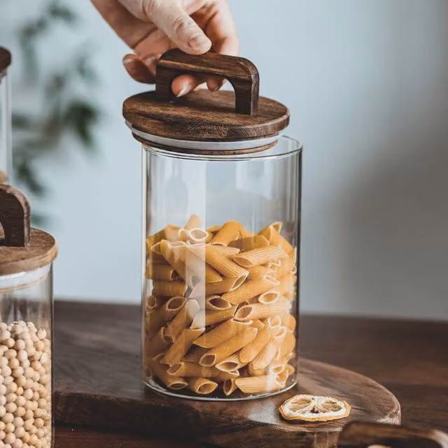 Livingandhome Airtight Glass Food Storage Jar with Solid Wood Lid, Brown and Transparent, 800ml