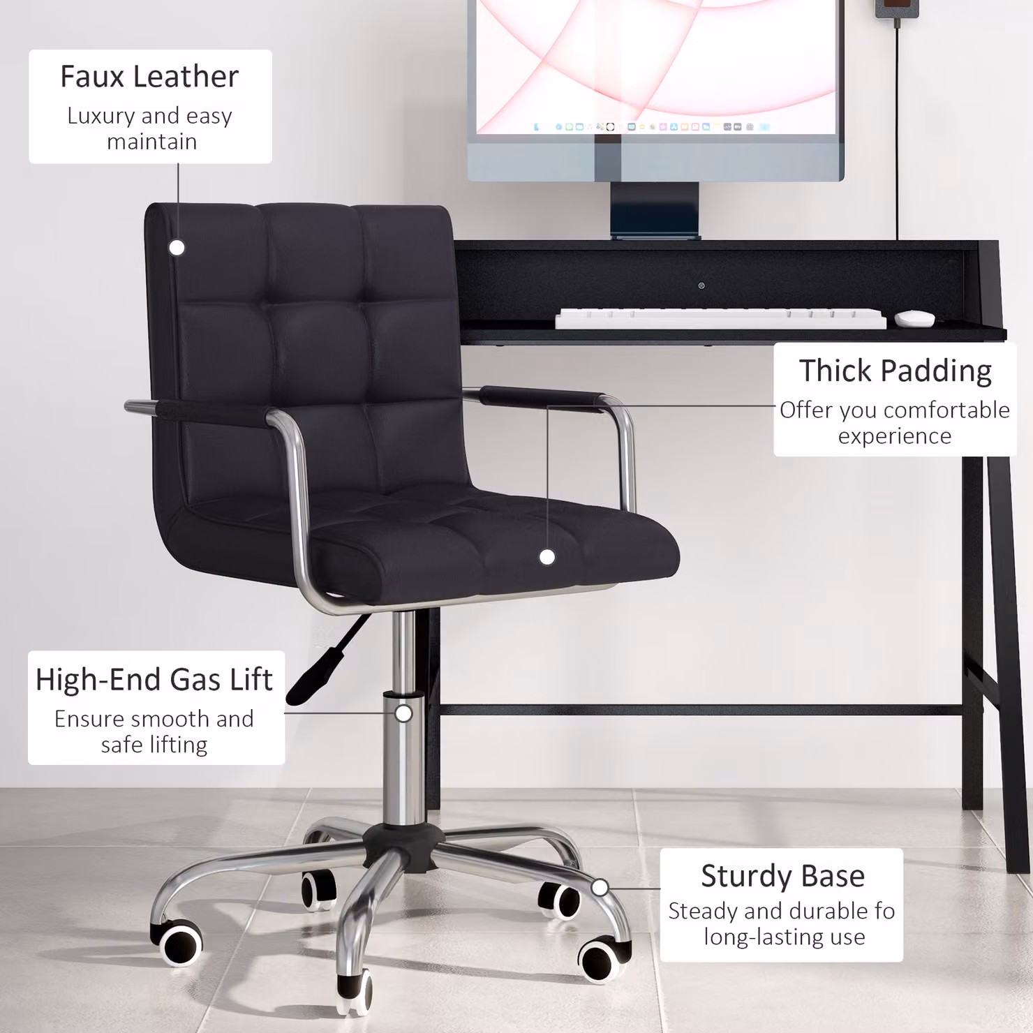 HOMCOM Black Faux Leather Office Chair and Study Desk Set with Storage Shelf – 5