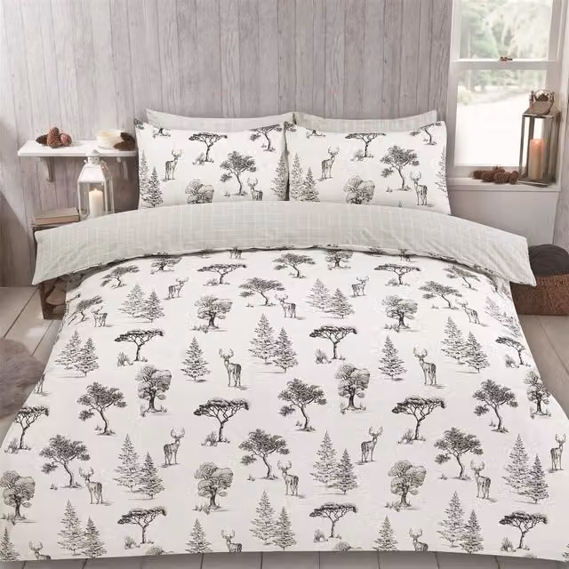 OHS Reversible Winter Stag Duvet Cover Set in Grey and White Polycotton, W/D/H: 90 x 200 cm