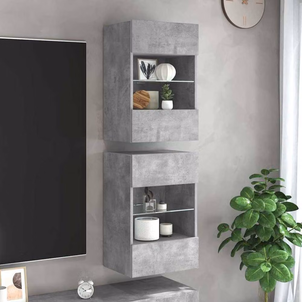 Berkfield Home Set of 2 Modern TV Wall Cabinets with LED Lights in Concrete Grey, W: 40 cm, D: 30 cm, H: 60.5 cm – 2