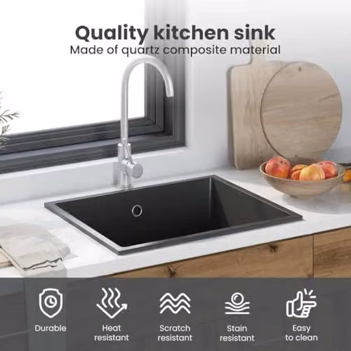 vidaXL Granite Composite Kitchen Sink, Grey, W: 38 cm, D: 44 cm, H: 20 cm – 4