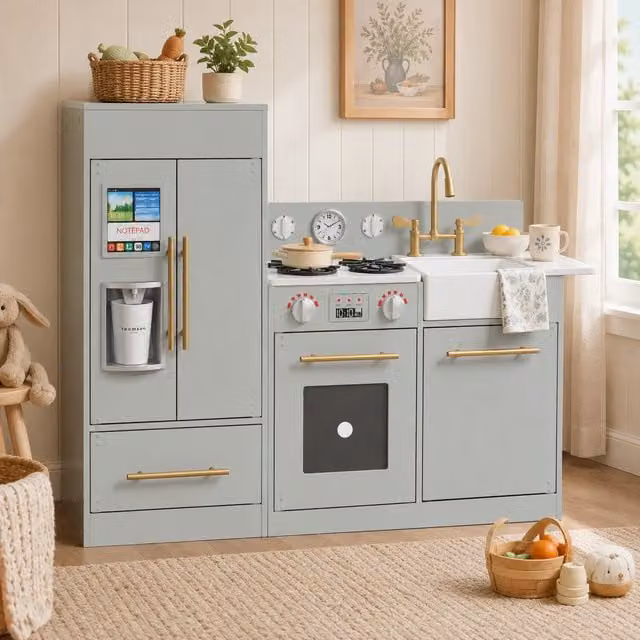 Teamson Kids Little Chef Charlotte Modern Play Kitchen in Grey, Gold and White