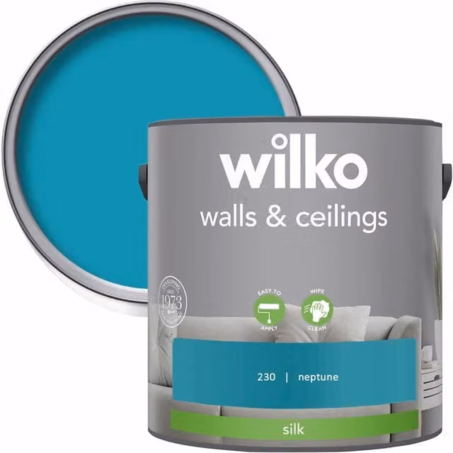 wilko Walls and Ceilings Silk Emulsion Paint, Neptune Blue, 2.5 l