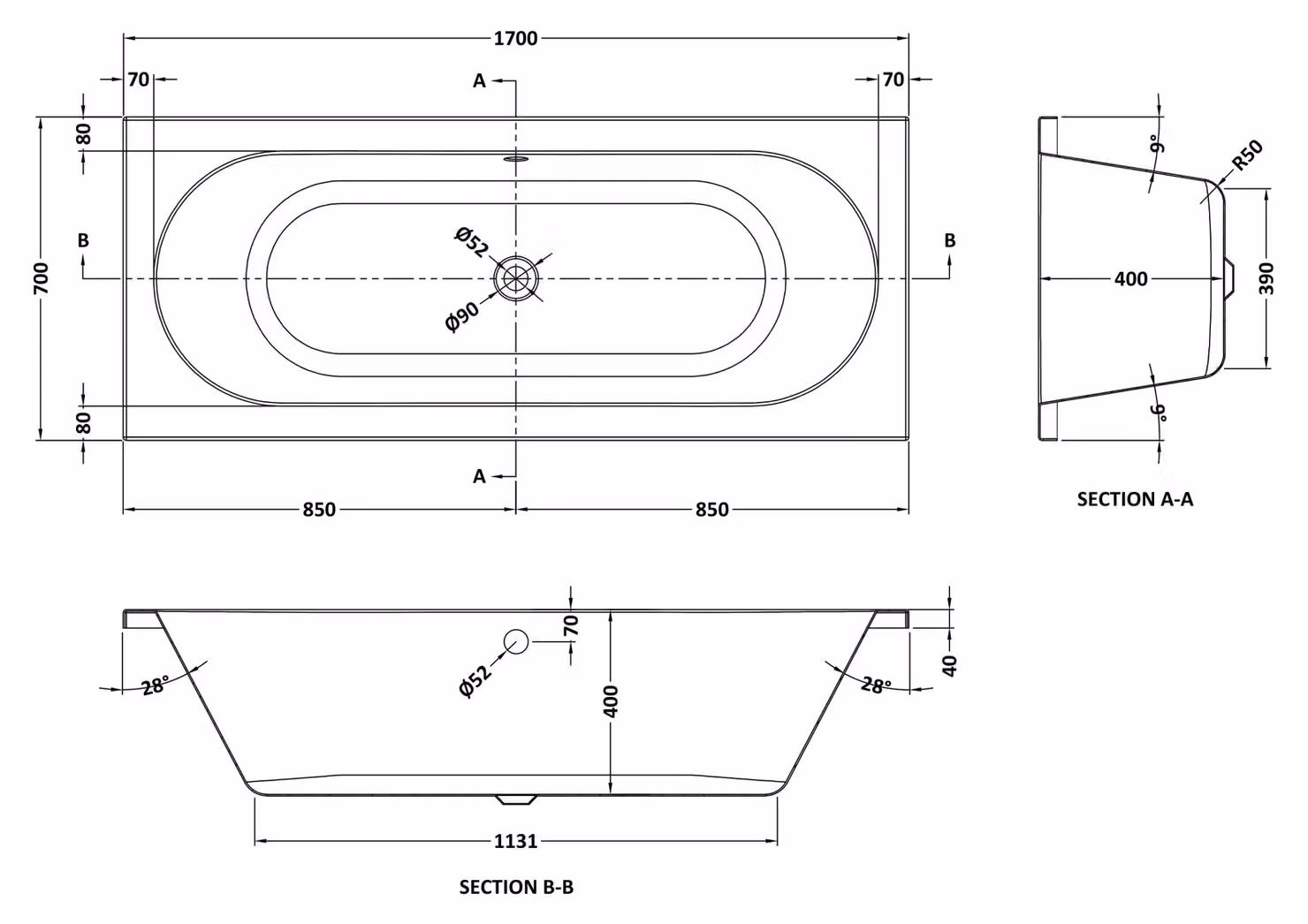 Balterley White Rectangular Acrylic Double Ended Straight Shower Bath with Leg Set, W: 1700 mm, D: 700 mm, H: 400 mm – 2