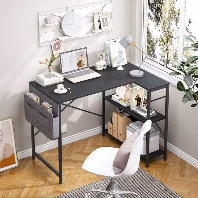 Huhote L-Shaped Corner Computer Desk in Black with 2 Shelves and Storage Bag, W/D/H: 100 x 70 x 75 cm