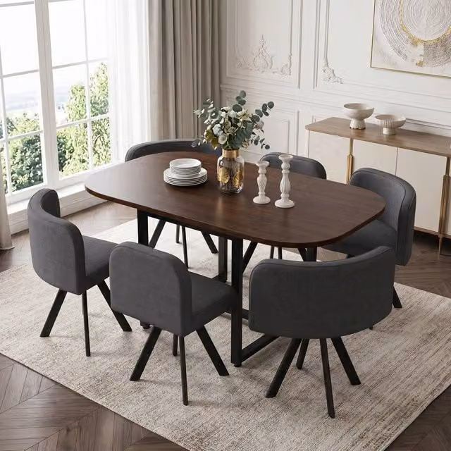 Rolipo Walnut Wooden Dining Table and 6 Grey Linen Chairs Set, W/D/H: 140 x 90 x 75 cm – 1
