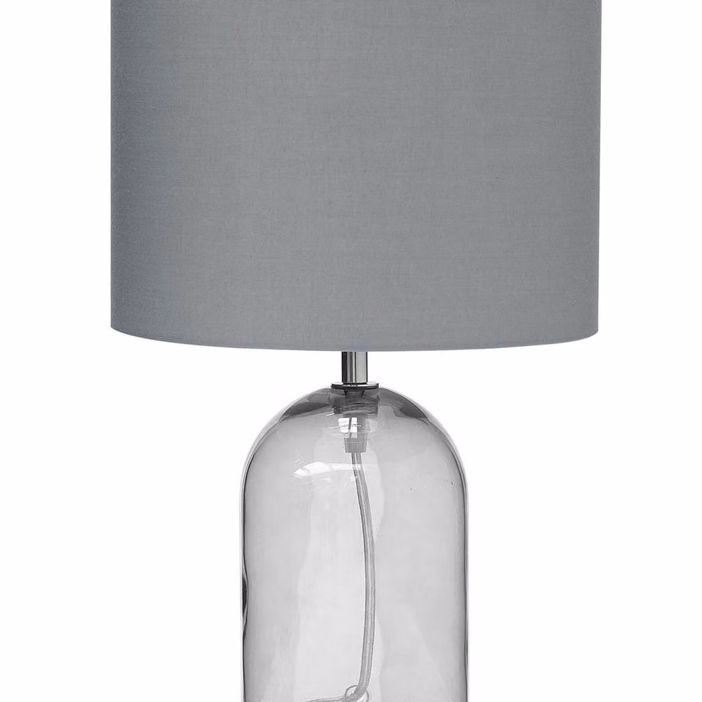 Wyld and Coco Modern Table Lamp with Transparent Glass Base and Grey Drum Shade – 2