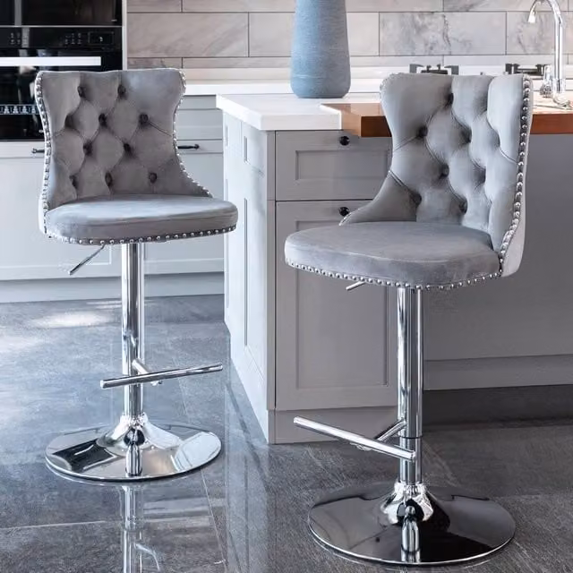 HomeTouch Vero Set of 6 Luxury Grey Velvet Bar Stools with 360 Degree Swivel and Adjustable Height