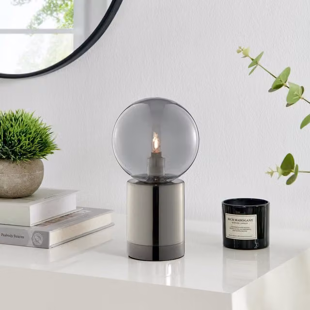 FurnitureboxUK Hattie Industrial Dimmable LED Table Lamp with Silver Metal Base and Transparent Smoked Glass Sphere