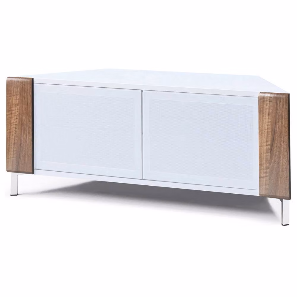 MDA Designs CORVUS Modern Corner TV Stand in White and Walnut for Flat Screen TVs up to 50 inches, W: 120 cm, D: 45 cm, H: 48 cm – 4