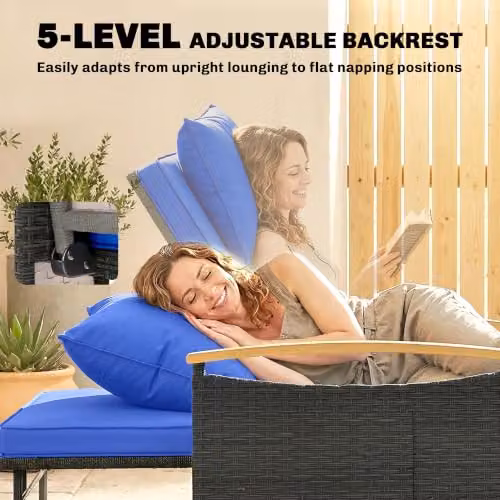 Outsunny Double Garden Rattan Daybed with Storage Ottoman and Side Tray, Brown and Blue – 4