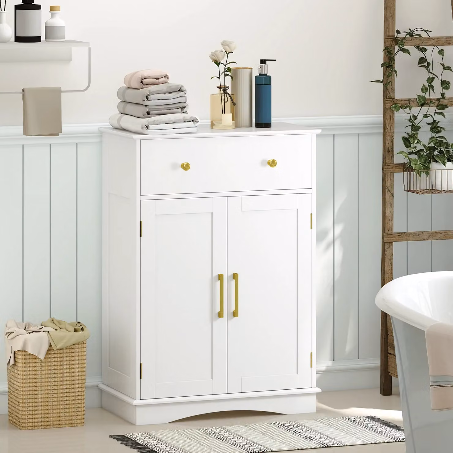 Gymax Freestanding White Bathroom Floor Cabinet with Drawer and Internal Shelves – 2