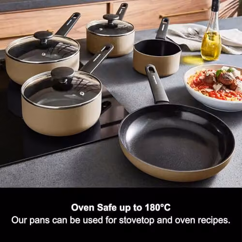 Morphy Richards 5-Piece Aluminium and Ceramic Saucepan and Frying Pan Set, Beige – 8