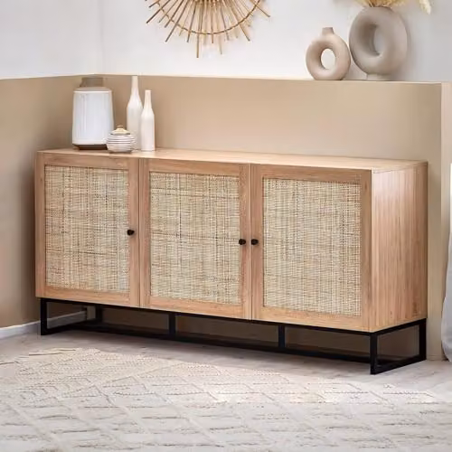 Julian Bowen Padstow Rattan 3 Door Sideboard in Oak, W/D/H: 160 x 40 x 75 cm