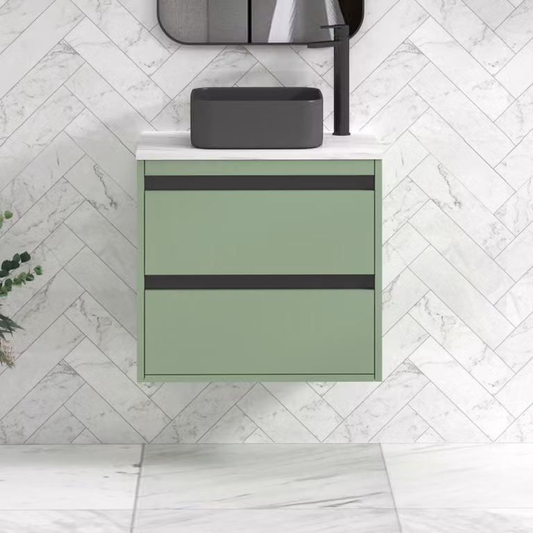 Royal Bathrooms Orion 600mm Wall Hung Mint Sage Vanity Unit with 2 Drawers and Art Square Basin with Black Accent Trim