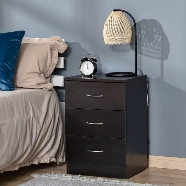 HOMCOM Modern Black Bedside Table with 3 Drawers and Glass Top – 1