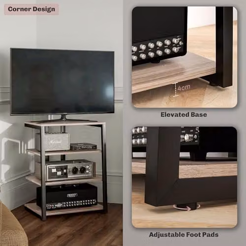 HOMCOM Industrial HiFi Stand and Media Storage Shelf in Grey with 4 Tiers and Metal Accents, W/D/H: 79.0 x 60.5 x 60.0 cm – 7