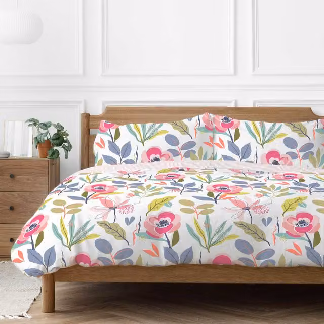 Copenhagen Home Floral Polycotton Duvet Cover and Pillowcase Set in Multicolour, Green and Blue, W: 90 cm, L: 200 cm
