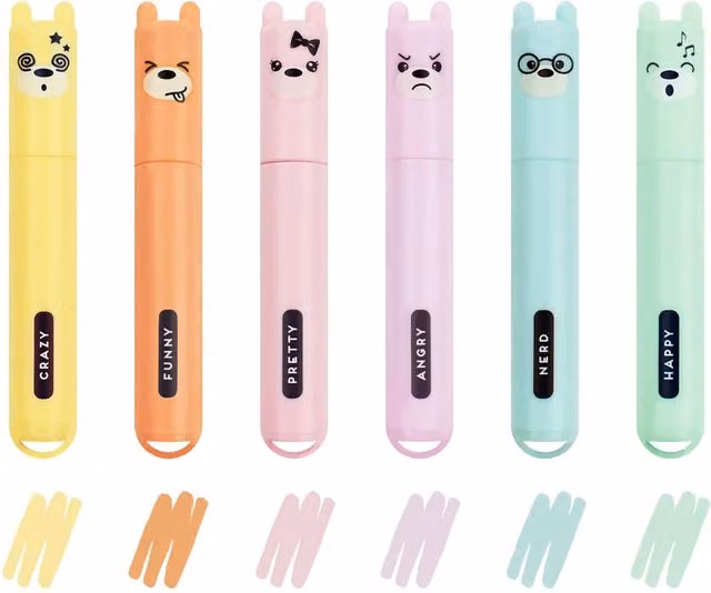 Legami Teddy's Mini Chisel Tip Highlighters, Multicolour and Pink, Pack of 6