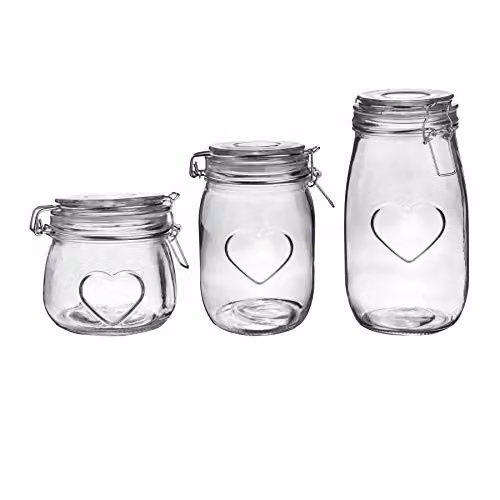 Nicola Spring Heart Design Glass Food Storage Jars with Clip Seal, Transparent, Set of 3 – 1
