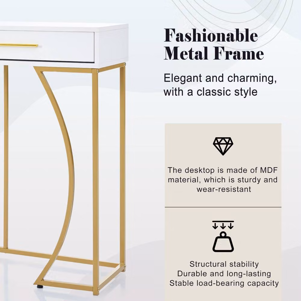 BTM Console Table with 2 Drawers for Hallway or Living Room, White and Gold, W: 85.0 cm, D: 32.0 cm, H: 13.9 cm – 2