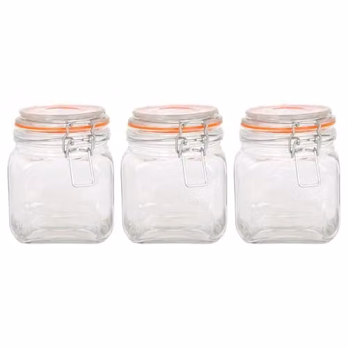 Argon Tableware Square Glass Jars with Clip-Top Lids, 0.76 l, Pack of 3, Transparent