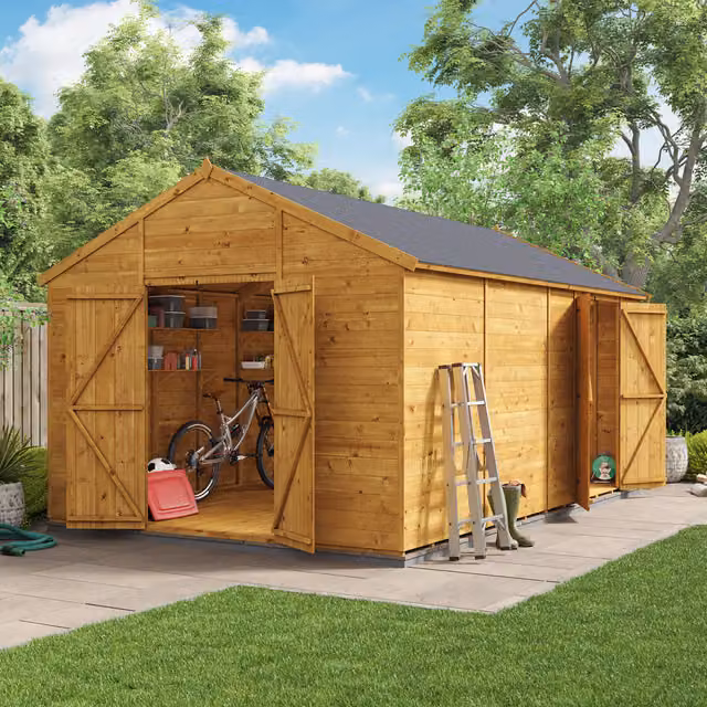 BillyOh Rustic Brown Wooden Apex Workshop with Dual Entrance and Floor, 16 x 10 ft