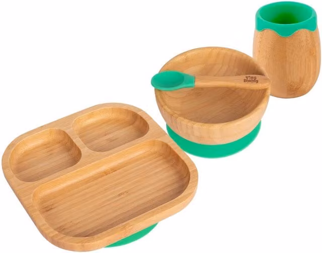 Tiny Dining 4-Piece Divided Bamboo and Silicone Baby Feeding Set in Green