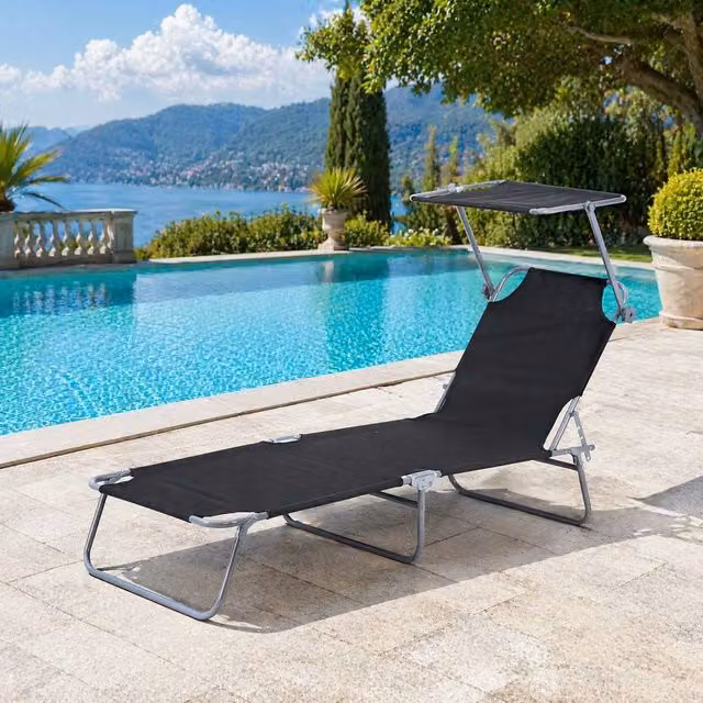 STILVORA Sun Lounger with Adjustable Canopy and Headrest in Black