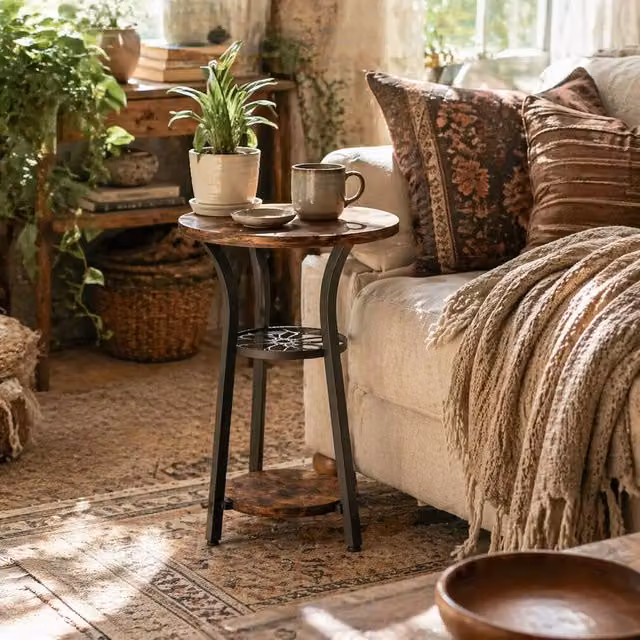 Wyld Haus Neri Round Side Table with 3 Tier Floral Shelf in Rustic Brown