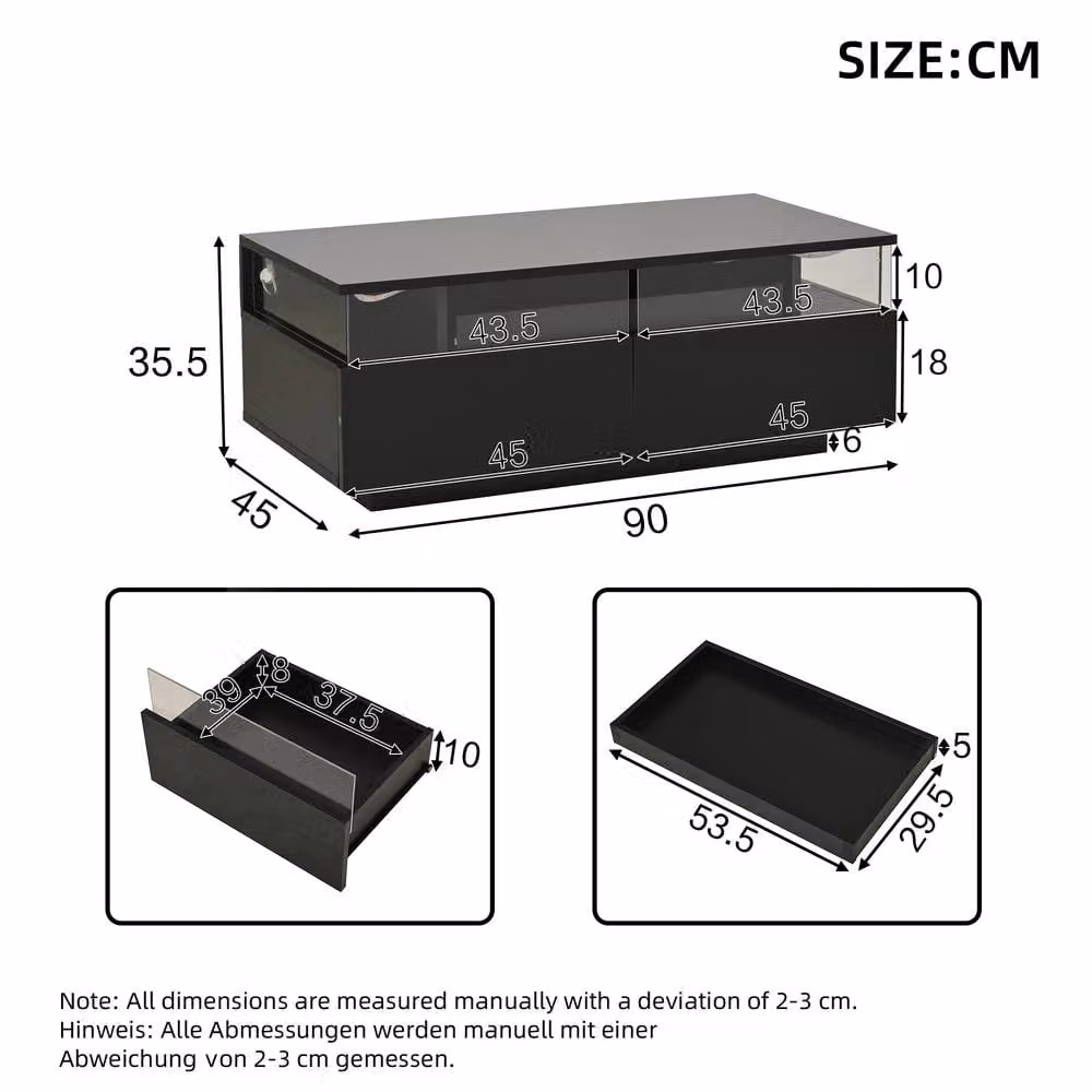 Merax High Gloss LED Coffee Table with Removable Tray and Glass Sides in Black, W/D/H: 90 x 45 x 35.5 cm – 3