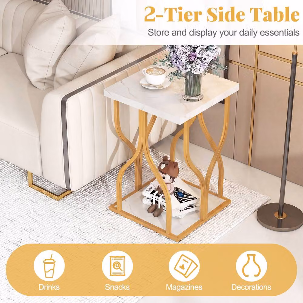 Costway Faux Marble Nightstand, 2-Tier White End Table with Storage Shelf and Metal X-Frame – 4