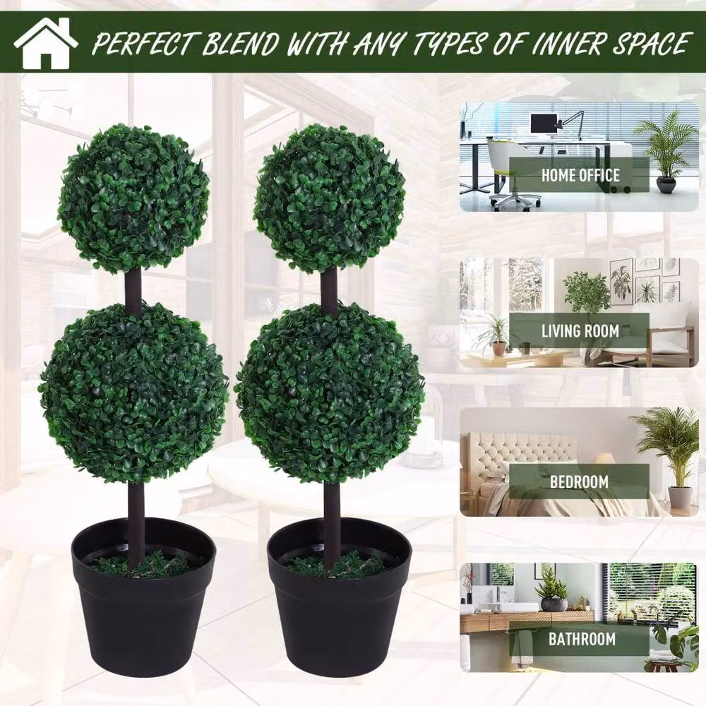 Wyld Haus Tonami Set of 2 Green Artificial Boxwood Ball Topiary Trees in Black Pots – 5