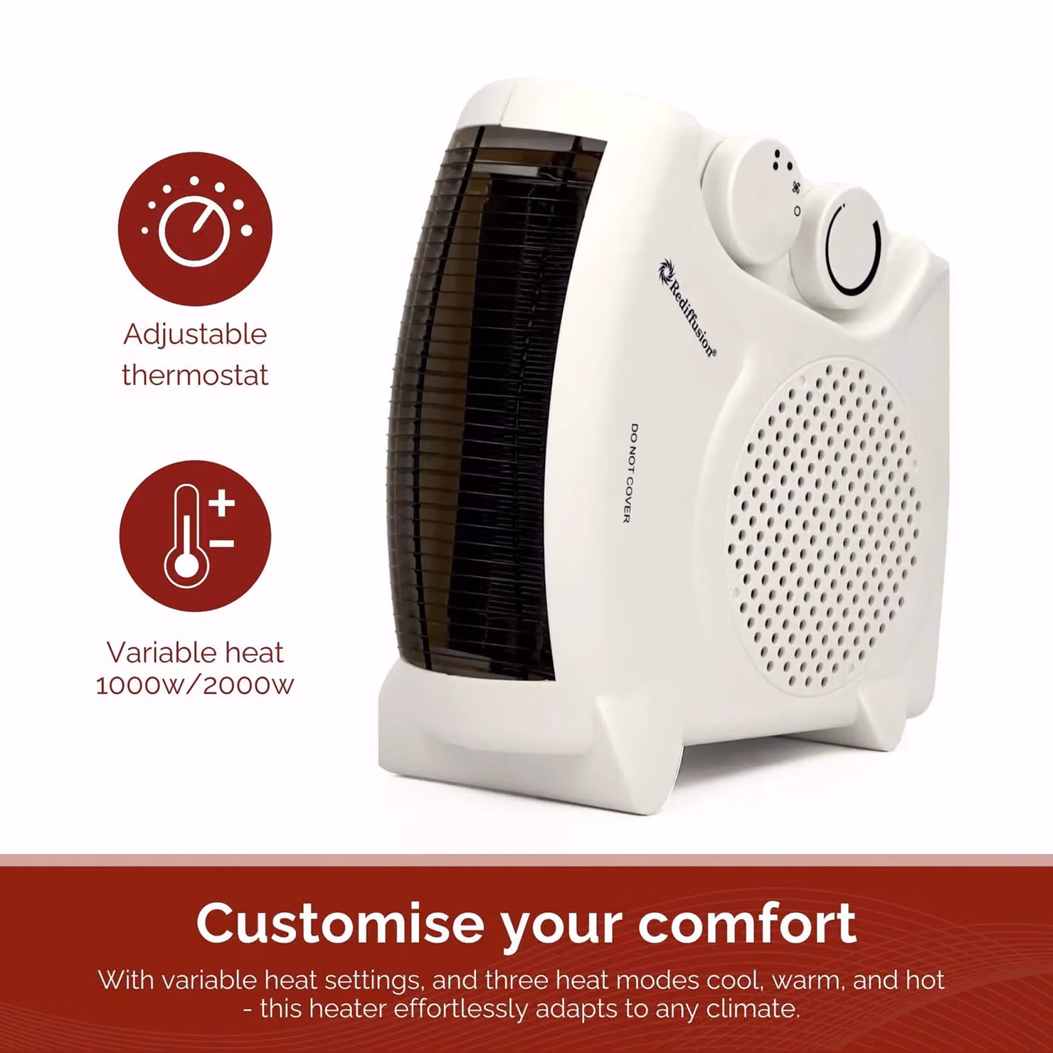 Rediffusion Portable Dual Position Fan Heater, 2000W, White – 3