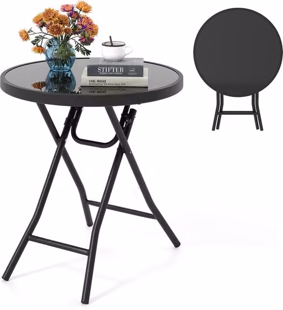 Costway Round Folding Glass Patio Coffee Table in Black – 1