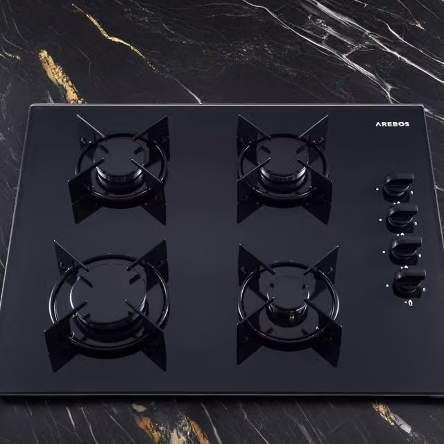 AREBOS Black Tempered Glass Gas Hob with 4 Burners