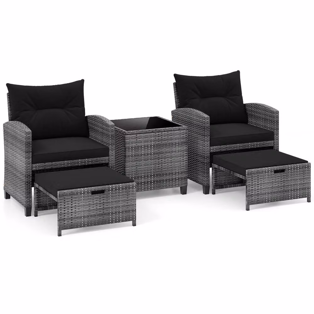 Costway 5-Piece Black Polyrattan Patio Furniture Set with Upholstered Lounge Armchairs and Ottomans – 4