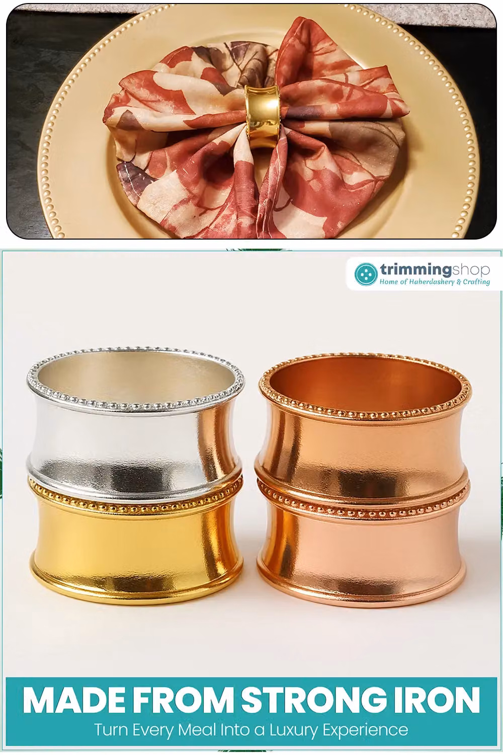 Neel Blue Christmas Beaded Rim Napkin Rings with Hammered Rose Gold Metal Buckles – 5