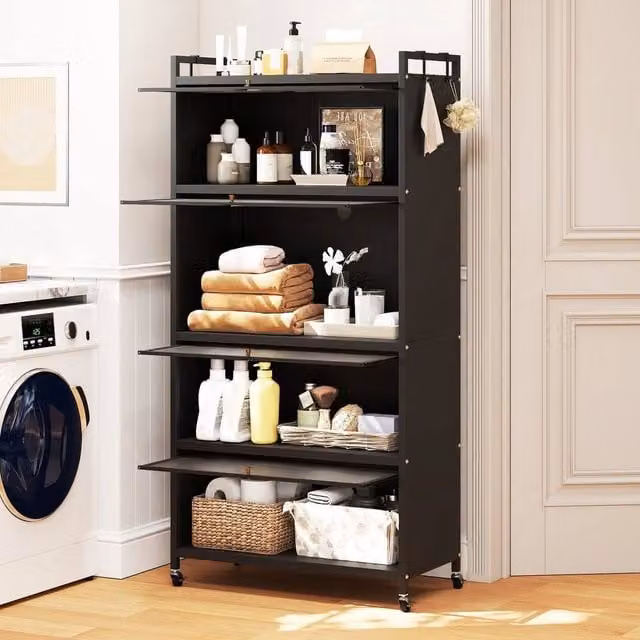 EONLION 5-Tier Modern Black Metal Kitchen Storage Cabinet with Wheels and Glass Doors