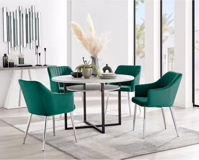 Furniturebox Adley Grey Concrete Effect Round Dining Table and 4 Calla Green Chairs with Silver Legs