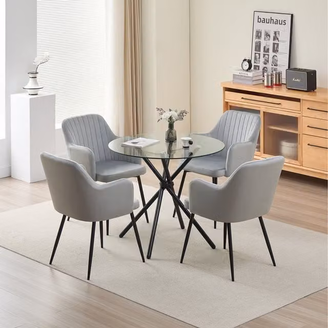 Madefor.living New York Round Glass Dining Table and Charlotte Velvet Chairs Set in Grey