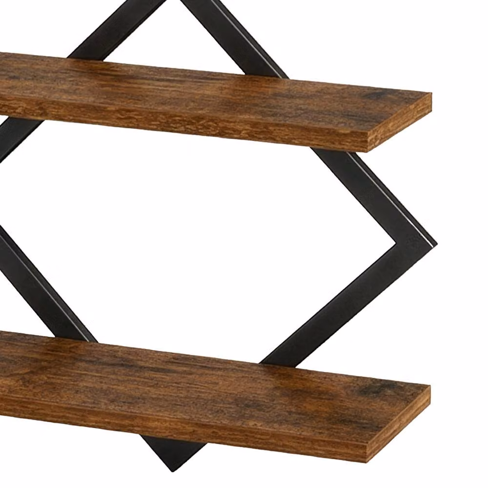 Levede Set of 2 Industrial Style Floating Wall Shelves in Brown Wood and Metal – 3