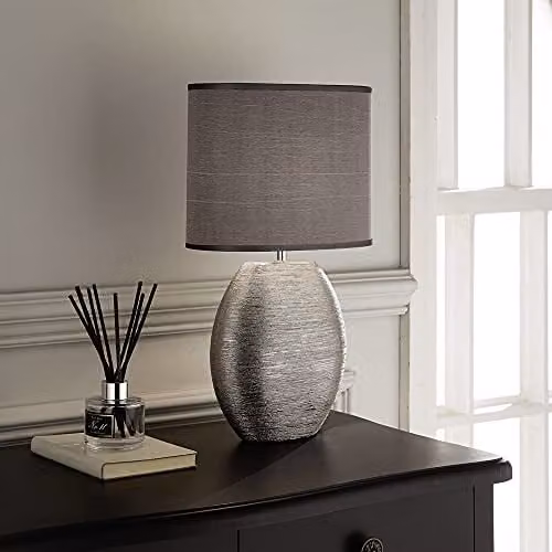K LIVING Waltham Brushed Silver Ceramic Table Lamp with Grey Fabric Shade
