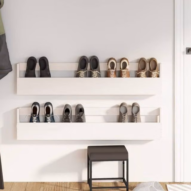 Berkfield Home Wall-mounted Shoe Racks, 2 Piece Set, White Solid Pine Wood, W: 110 cm, D: 23 cm, H: 9 cm