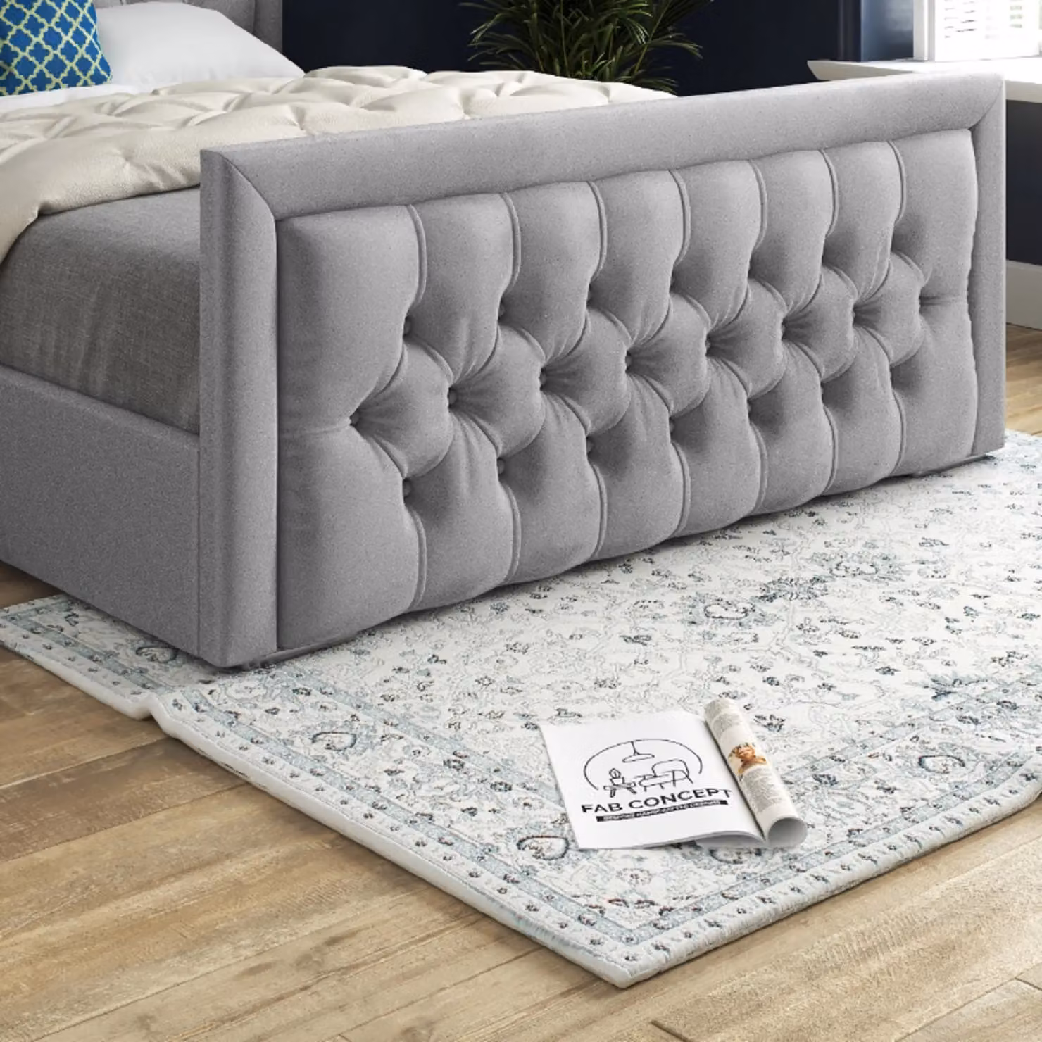 Casani Modern Upholstered Velvet Bed Frame in Grey, W/D/H: 200 x 137 x 189 cm – 4