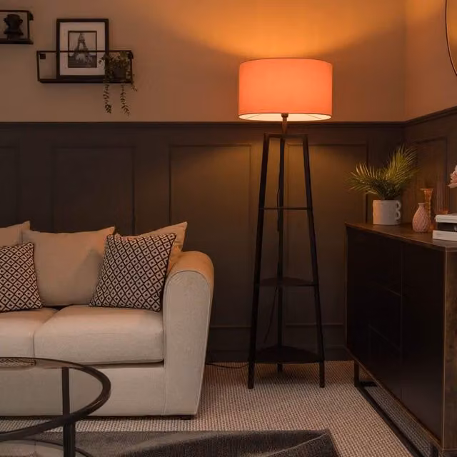 ValueLights Hiru Black 3 Tier Shelf Floor Lamp with Large Pale Pink Drum Shade and Bulb – 2