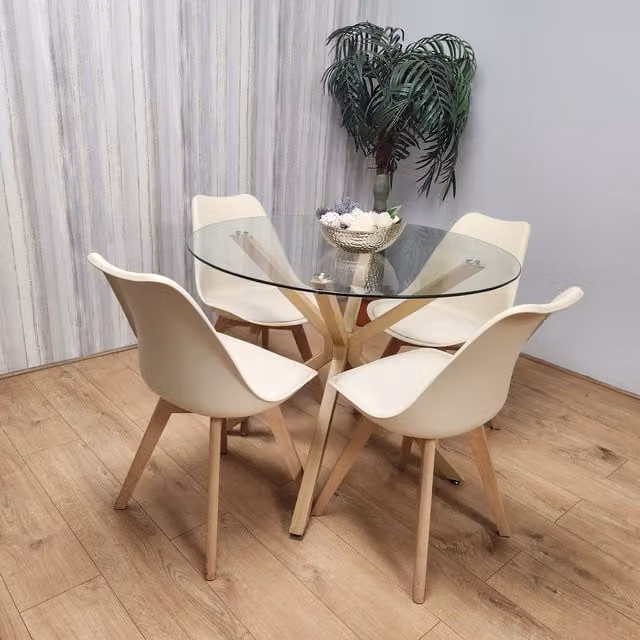 Kosy Koala Modern Round Glass Dining Table and 4 Beige Chairs Set