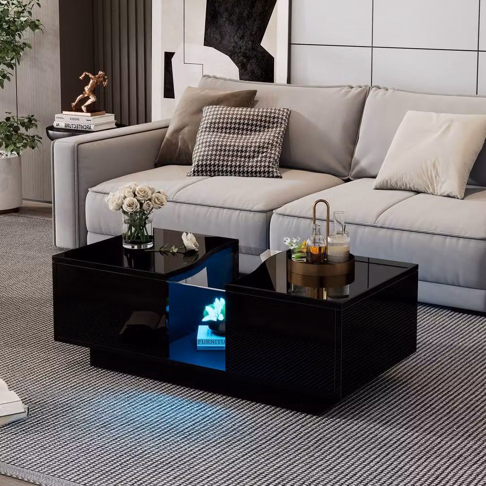 Rolipo Modern Black High Gloss LED Coffee Table with Storage Drawers W/D/H: 140 x 50 x 40 cm – 7