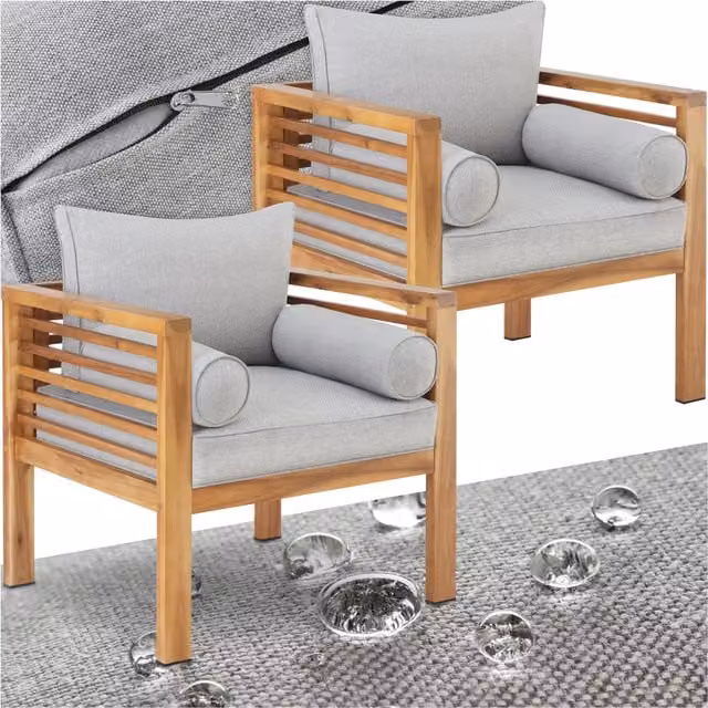 tectake Boka Set of 2 Brown Acacia Wood Garden Armchairs with Grey Seat Cushions